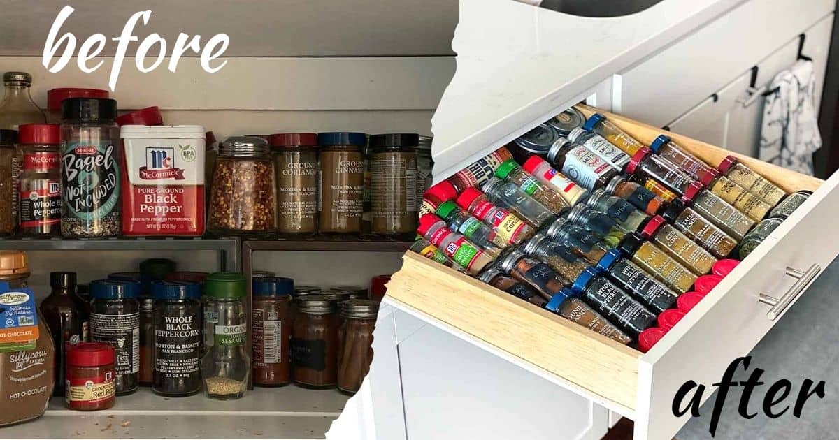 Before and After Drawer Spice Rack Organization